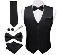 Barry.Wang Mens Suit Vest Linen Formal/Casual V-neck Waistcoat Tie Bow Tie Set Solid Color 6PC Wedding Party Tuxedo, Black, X-Large