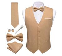 Barry.Wang Mens Suit Vest Linen Formal/Casual V-neck Waistcoat Tie Bow Tie Set Solid Color 6PC Wedding Party Tuxedo, Light Orange, Large
