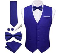 Barry.Wang Mens Suit Vest Linen Formal/Casual V-neck Waistcoat Tie Bow Tie Set Solid Color 6PC Wedding Party Tuxedo, Royal Blue, X-Large