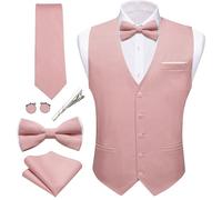 Barry.Wang Mens Suit Vest Linen Formal/Casual V-neck Waistcoat Tie Bow Tie Set Solid Color 6PC Wedding Party Tuxedo, Pink, Large