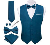 Barry.Wang Mens Suit Vest Linen Formal/Casual V-neck Waistcoat Tie Bow Tie Set Solid Color 6PC Wedding Party Tuxedo, Navy Blue, Medium