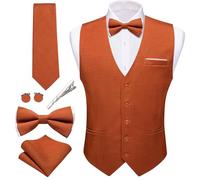 Barry.Wang Mens Suit Vest Linen Formal/Casual V-neck Waistcoat Tie Bow Tie Set Solid Color 6PC Wedding Party Tuxedo, Burnt Orange, X-Large