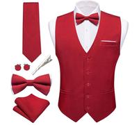 Barry.Wang Mens Suit Vest Linen Formal/Casual V-neck Waistcoat Tie Bow Tie Set Solid Color 6PC Wedding Party Tuxedo, Red, Medium