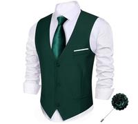 Barry.Wang Men's Suit Vests Brooch Set Business/Leisure Dress Vest V-neck 2 Pockets Wedding Party Tuxedo Waistcoat 2PCS