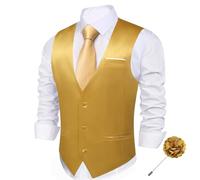 Barry.Wang Men's Suit Vests Brooch Set Business/Leisure Dress Vest V-neck 2 Pockets Wedding Party Tuxedo Waistcoat 2PCS
