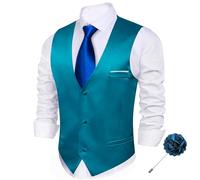 Barry.Wang Men's Suit Vests Brooch Set Business/Leisure Dress Vest V-neck 2 Pockets Wedding Party Tuxedo Waistcoat 2PCS