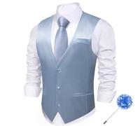 Barry.Wang Men's Suit Vests Brooch Set Business/Leisure Dress Vest V-neck 2 Pockets Wedding Party Tuxedo Waistcoat 2PCS