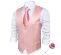 Barry.Wang Men's Suit Vests Brooch Set Light Pink Business/Leisure Dress Vest V-neck 2 Pockets Wedding Party Waistcoat 2PC
