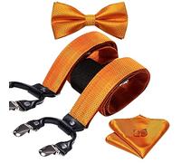 Barry.Wang Mens Suspender Bow Tie Pocket Square Cufflinks Set Bright Orange Solid Color Adjustable Suspenders Classic Formal