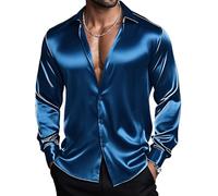 Barry.Wang Men's Teal Stretch Solid Shirts Satin Long Sleeve Button Down Dress Shirts Formal Casual Business Prom Party