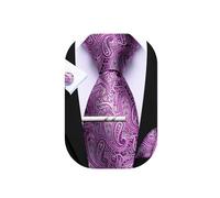 Barry.Wang Mens Tie Paisley Plaid Striped Floral Silky Necktie Pocket Square Cufflinks Clip Set Wedding Party Formal Business (Purple white black)