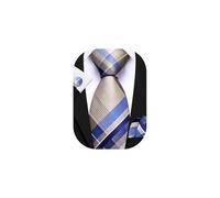 Barry.Wang Men's Tie Silk Champagne Blue Tartan Necktie Plaid Pocket Square Cuff Links Sets Wedding Business