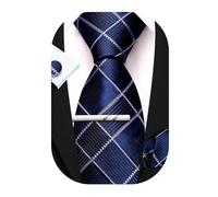 Barry.Wang Mens Ties Set Silk Striped Plaid Necktie Pocket Square Cufflinks Clip 4PCS Set Wedding Business Necktie for Formal