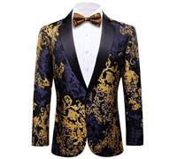 Barry.Wang Men's Tuxedo Blazer Luxury Paisley Embroidery Casual Jacket Lapel One Button Wedding Business Coat Blue Gold S-3XL