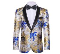 Barry.Wang Men's Tuxedo Blazer Luxury Paisley Embroidery Casual Jacket Lapel One Button Wedding Business Coat Blue Gold S-3XL