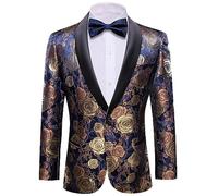 Barry.Wang Men's Tuxedo Blazer Luxury Paisley Embroidery Casual Jacket Lapel One Button Wedding Business Coat Blue Gold S-3XL