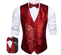 Barry.Wang Mens Vest Sequins Waistcoat Bowtie Lapel Pin Set V-neck Prom Party Tuxedo Wedding for Men Dress Suit Vest S-3XL