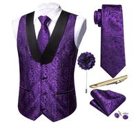 Barry.Wang Mens Vest Set Paisley Silk U-neck Shawl Waistcoat Tie Set 6PC Tuxedo Wedding for Men Dress Suit Vest S-3XL