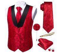 Barry.Wang Mens Vest Set Paisley Silk U-neck Shawl Waistcoat Tie Set 6PC Tuxedo Wedding for Men Dress Suit Vest S-3XL