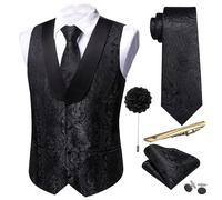 Barry.Wang Mens Vest Set Paisley Silk U-neck Shawl Waistcoat Tie Set 6PC Tuxedo Wedding for Men Dress Suit Vest S-3XL