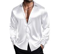 Barry.Wang Men's White Stretch Solid Shirts Satin Long Sleeve Button Down Dress Shirts Formal Casual Business Prom Party
