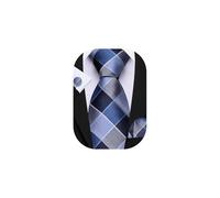 Barry.Wang Navy Blue Silver Check Tie Men's Silk Plaid Necktie Pocket Square Cuff Links Sets Formal Wedding