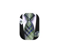 Barry.Wang Olive Green Tie Men's Silk Tartan Necktie Plaid Pocket Square Cufflinks Sets Business Wedding