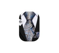 Barry.Wang Paisley Tie for Men Handkerchief Cufflinks Blue Gray Flroal Necktie Set Wedding