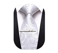 Barry.Wang Paisley Tie for Men Silk Woven Necktie and Tie Clip Set Wedding Party Business Formal, White, One Size