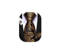 Barry.Wang Paisley Ties Men's 63'' Extra Long Wedding Necktie Silk Handkerchief Cufflinks Set Party Gold Black
