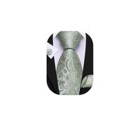 Barry.Wang Paisley Ties Men's 63'' Sage Green Extra Long Wedding Necktie Silk Handkerchief Cufflinks Set Party