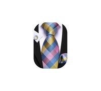 Barry.Wang Pink Blue Gold Tie Men's Silk Plaid Tartan Necktie Pocket Square Cuff Links Sets Classic Formal Wedding