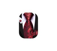 Barry.Wang Red Black Tie Mens Silk Paisley Floral Necktie Pocket Square Cufflinks Set Formal Wedding Party