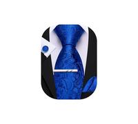 Barry.Wang Royal Blue Tie with Tie Clip for Men Paisley Silk Necktie Pocket Square Cufflinks Set Formal Wedding Party Business