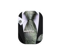 Barry.Wang Sage Green Grey Tie with Tie Clip for Men Paisley Silk Necktie Pocket Square Cufflinks Set Formal Wedding Party Business