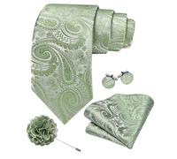 Barry.Wang Sage Green Tie 63" Paisley Silk Ties Set Pocket Square Cufflinks and Lapel Pin Extra Long Necktie Wedding