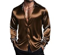 Barry.Wang Silk Shirts Men's Satin Button Down Stretch Luxury Dark Brown