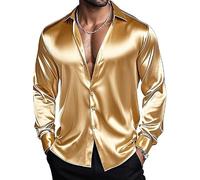 Barry.Wang Silk Shirts Men's Satin Button Down Stretch Luxury Prom Gold
