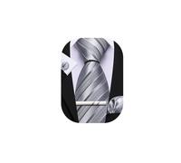 Barry.Wang Silver Ties Grey Striped Silk Mens Necktie Hankerchief Cufflinks Set Formal Wedding