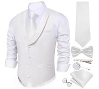 Barry.Wang Vest Tie Set for Men Solid Color Suit Vest Necktie Cufflinks Bow Tie Set Formal Business Wedding Party, White, X-Large