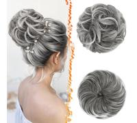 BARSDAR 2 PCS Messy Bun Hair Pieces, Elastic Grey Hair Bun Scrunchies Extensions for Women Synthetic Thick Fluffy Messy Updo Salt Pepper Hairpieces - Dark Gray & White Tips