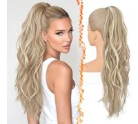 BARSDAR 25 Inch Synthetic Dual Claw Clip Ash Blonde Wavy Ponytail Extension
