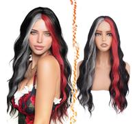 BARSDAR 28 Inch Synthetic Long Wavy Middle Part Black Red Gray Calico Wig