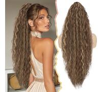 BARSDAR 30 Inch Long Curly Wavy Highlight Drawstring Ponytail Extension, Synthetic Comb Clip in Hairpiece for Women Voluminous Ponytail Hair Extensions - Brown with Honey Blonde Highlights