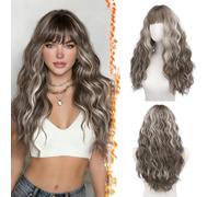BARSDAR Ash Brown Long Wavy Wig With Bangs - Long Wavy Ash Brown Highlight Wig with Bangs for Women - 26 Inch Thick Soft Synthetic Natural Looking Easy Wear Daily Cosplay Party Halloween Wigs