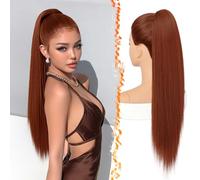 BARSDAR Auburn Straight Drawstring Ponytail Extension, 28 Inch Long Straight Drawstring Copper Ponytail Extension Thick Natural Looking Soft Synthetic Cheer Posh Pony Tails Hairpieces Daily Party