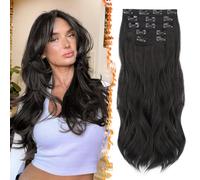 BARSDAR Black Brown Clip in Hair Extensions - 20 Inch Soft Wavy Clip in Hair Extensions for Women - 5 PCS Layered Extension Lace Weft Voluminous Easy Wear Synthetic Black Brown Hairpieces