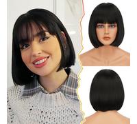 BARSDAR Black Short Bob Wig With Bangs - Black Short Bob Wig With Bangs for Women - 12 Inch Chin-Length Natural Looking Thick Soft Synthetic Easy Wear Daily Halloween Costume Party Bobs Wigs