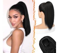 BARSDAR Black Straight Drawstring Ponytail Extension, 16 Inch Short Straight Drawstring Ponytail Extension Natural Soft Synthetic Cheer Posh Pony Tails Hairpieces Daily Party Cheer Competition