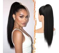 BARSDAR Black Straight Drawstring Ponytail Extension, 22 Inch Long Straight Drawstring Ponytail Extension Natural Looking Fluffy Soft Synthetic Cheer Posh Pony Tails Hairpieces Daily Party
